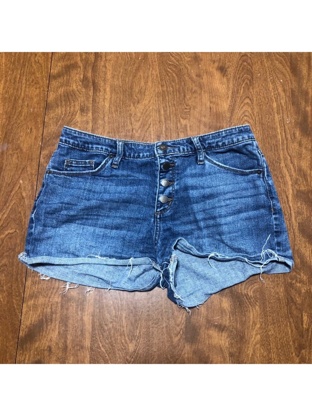 Universal Thread High Rise Shortie Jean Shorts Button Fly Denim Raw Hem Distress